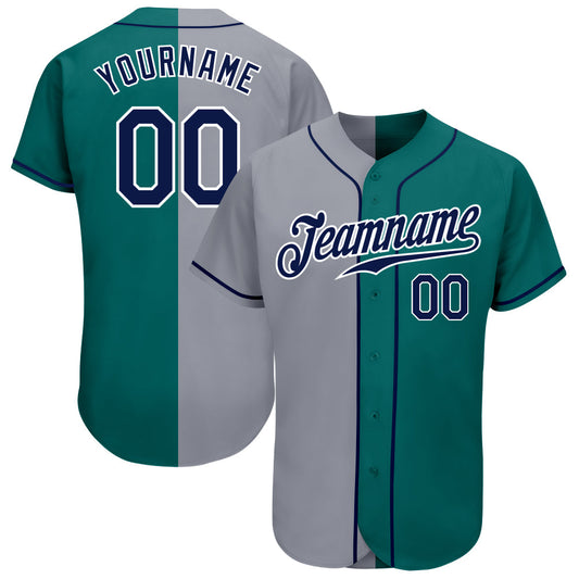 Custom Teal Navy-Gray Authentic Split Fashion Baseball Jersey - Main View