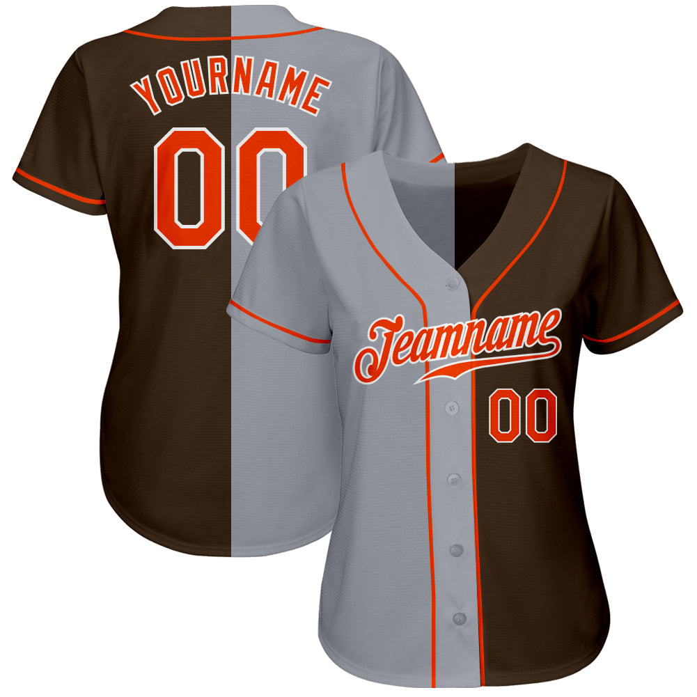 Custom Brown Orange-Gray Authentic Split Fashion Baseball Jersey view 2