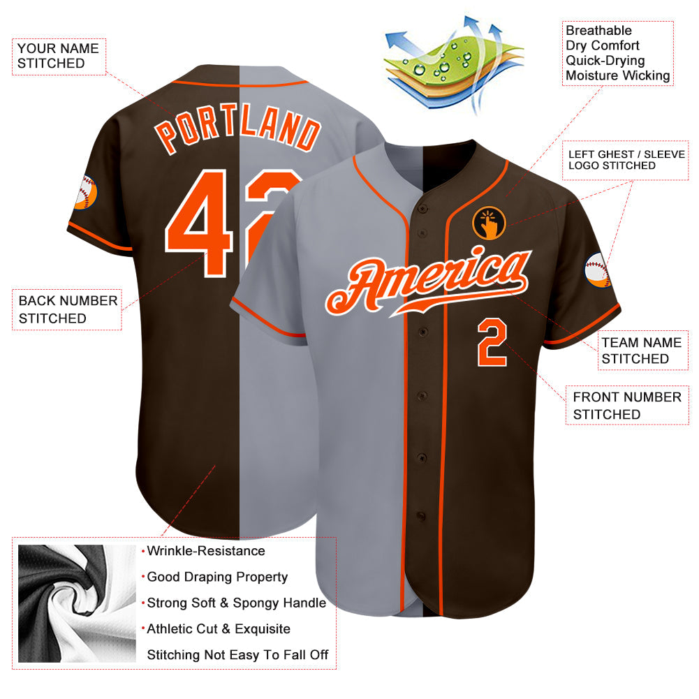 Custom Brown Orange-Gray Authentic Split Fashion Baseball Jersey view 3
