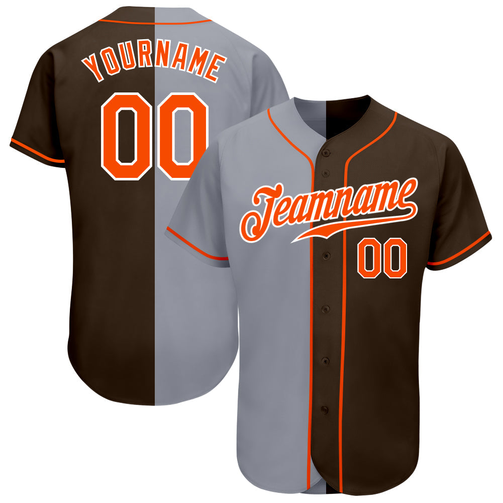 Custom Brown Orange-Gray Authentic Split Fashion Baseball Jersey - Main View