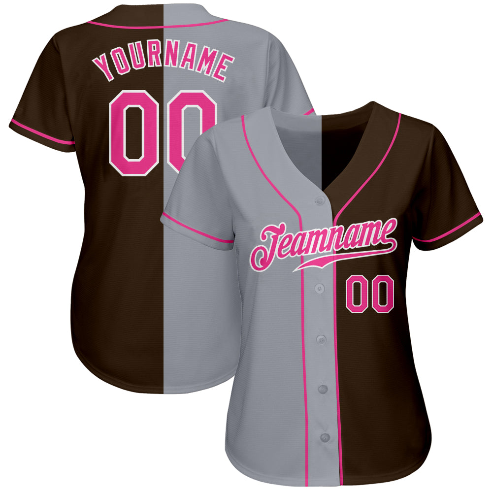 Custom Brown Pink-Gray Authentic Split Fashion Baseball Jersey view 2