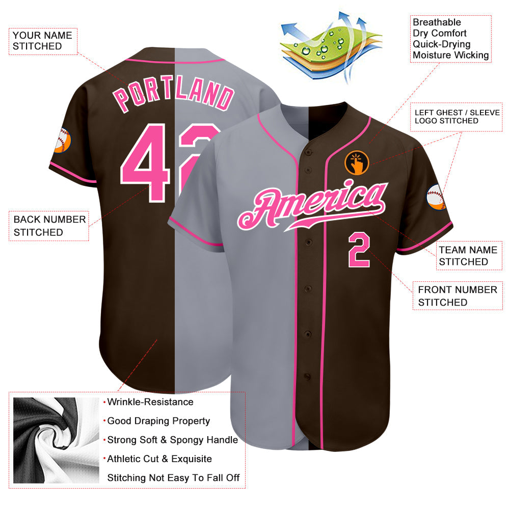 Custom Brown Pink-Gray Authentic Split Fashion Baseball Jersey view 3