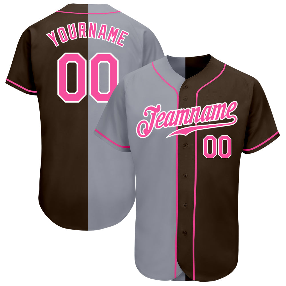 Custom Brown Pink-Gray Authentic Split Fashion Baseball Jersey - Main View
