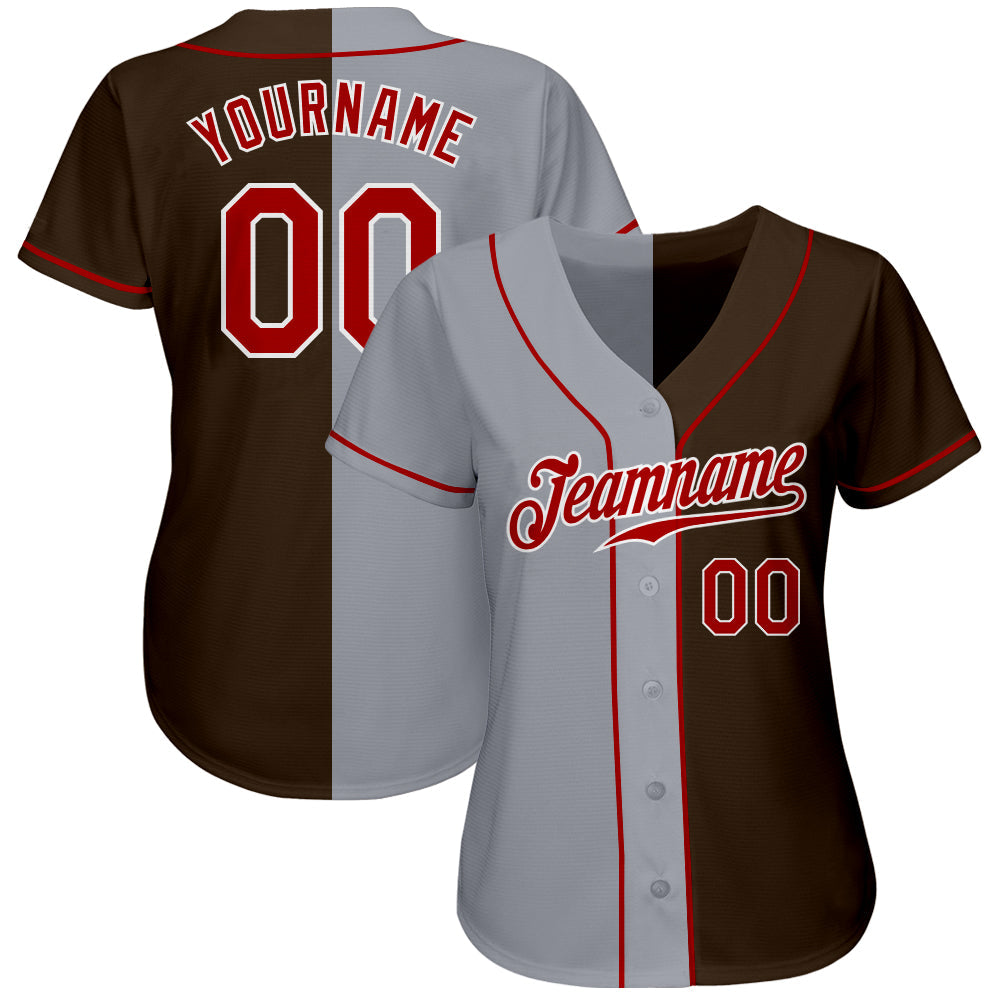 Custom Brown Red-Gray Authentic Split Fashion Baseball Jersey view 2