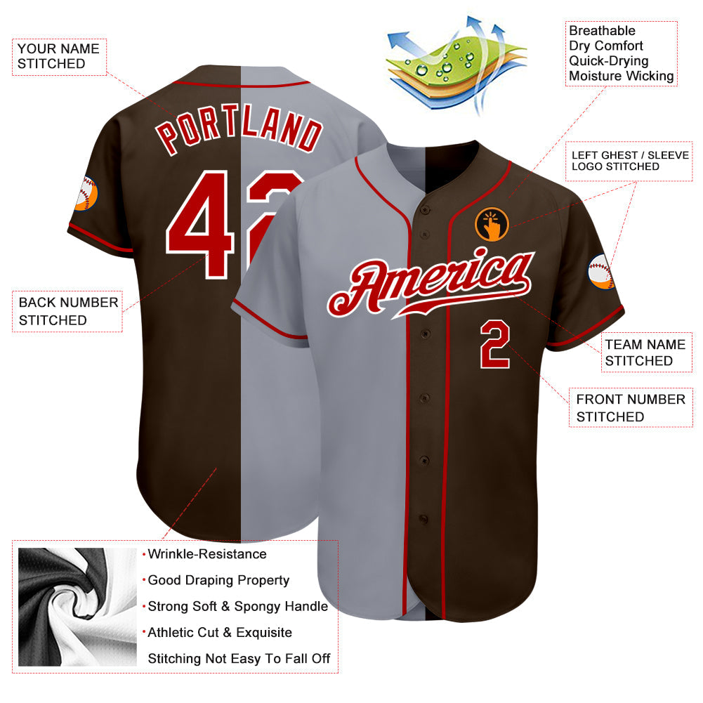 Custom Brown Red-Gray Authentic Split Fashion Baseball Jersey view 3
