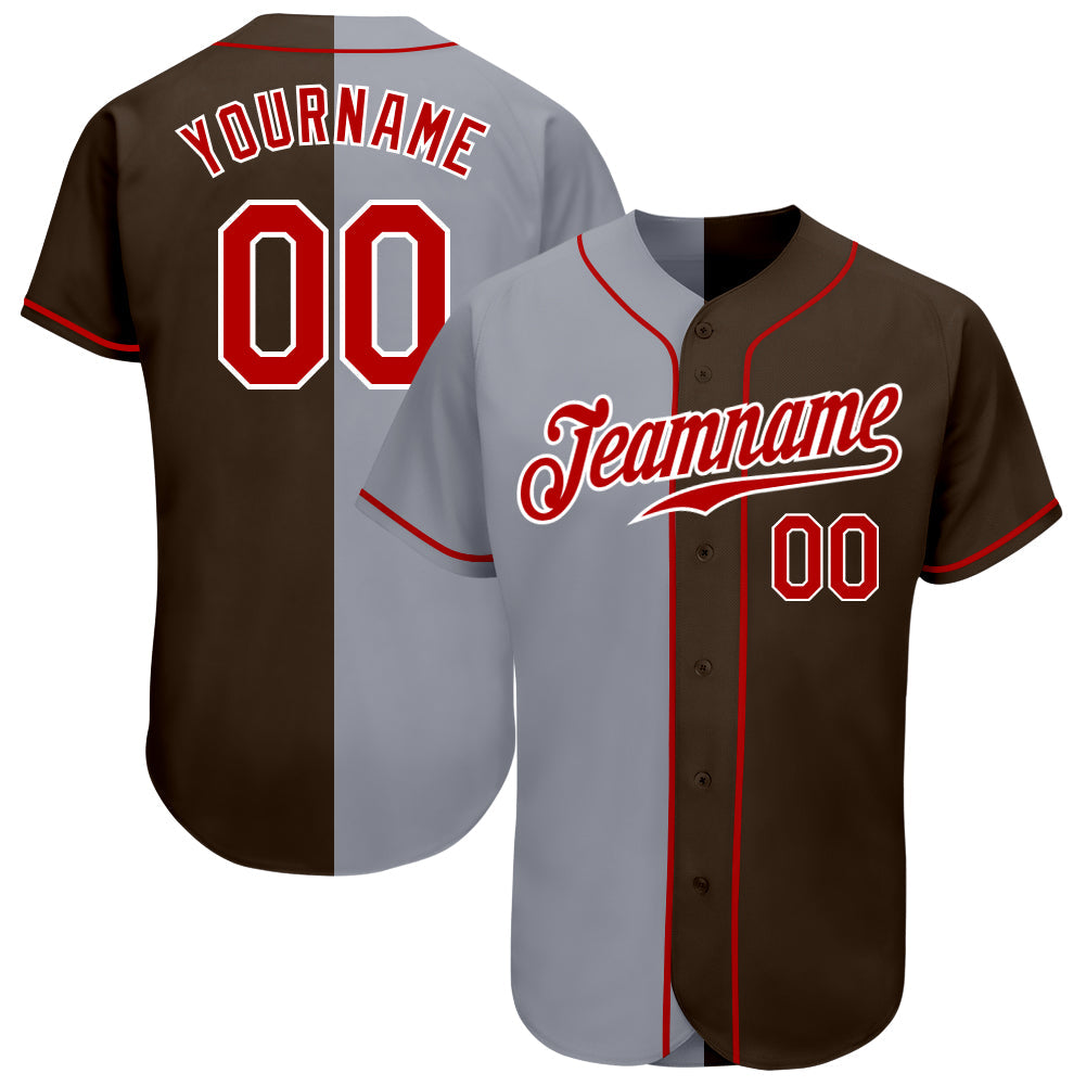 Custom Brown Red-Gray Authentic Split Fashion Baseball Jersey - Main View