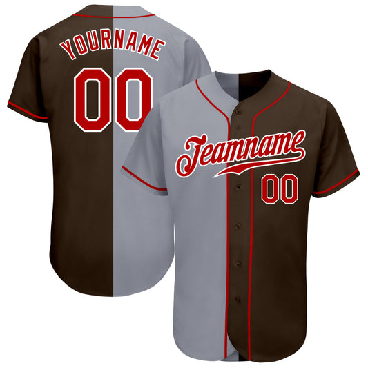 Custom Brown Red-Gray Authentic Split Fashion Baseball Jersey - Main View