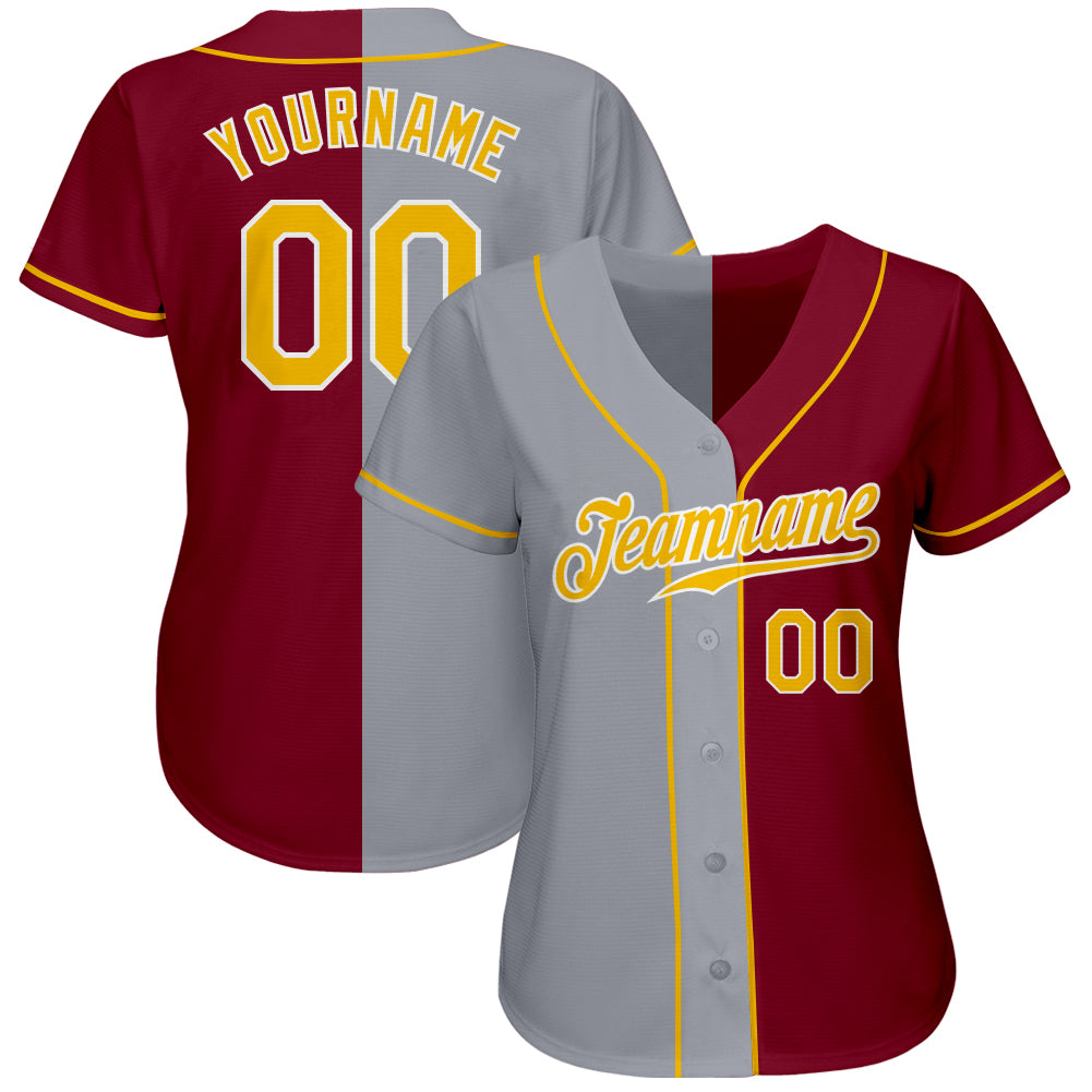 Custom Crimson Gold-Gray Authentic Split Fashion Baseball Jersey view 2