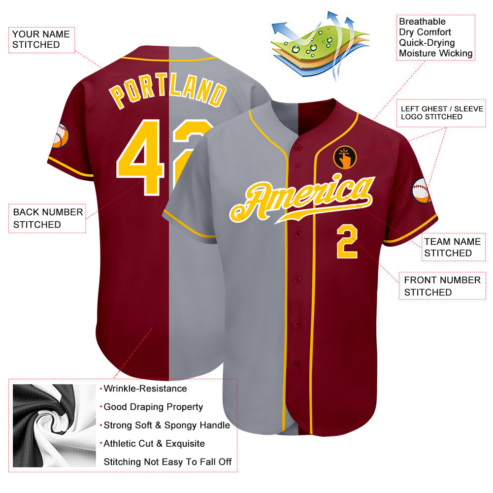 Custom Crimson Gold-Gray Authentic Split Fashion Baseball Jersey view 3