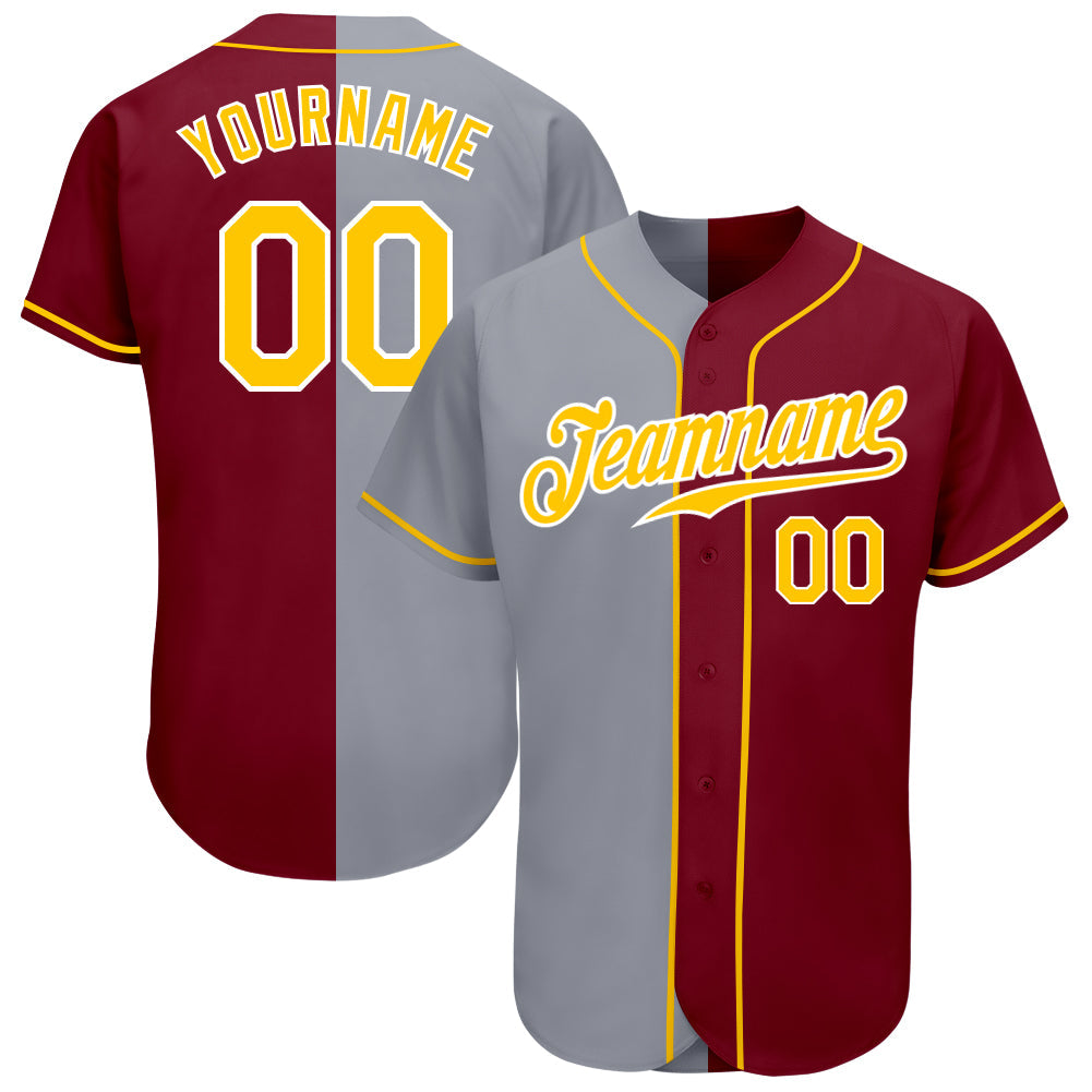 Custom Crimson Gold-Gray Authentic Split Fashion Baseball Jersey - Main View