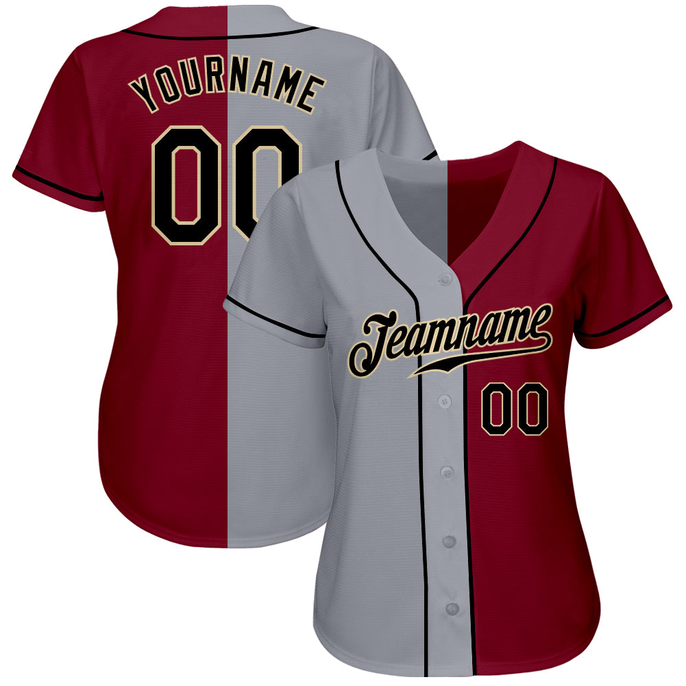 Custom Crimson Black-Gray Authentic Split Fashion Baseball Jersey view 2