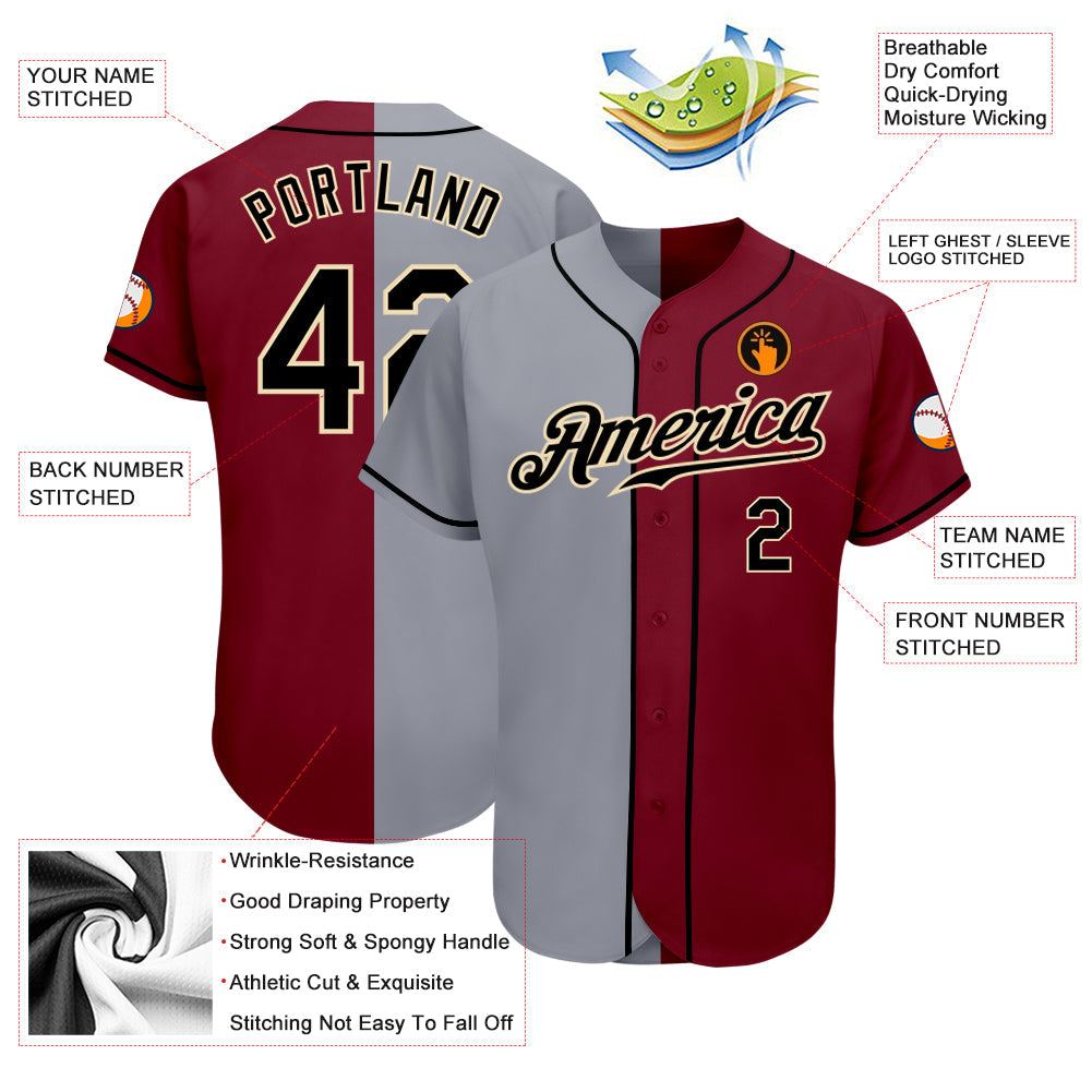 Custom Crimson Black-Gray Authentic Split Fashion Baseball Jersey view 3