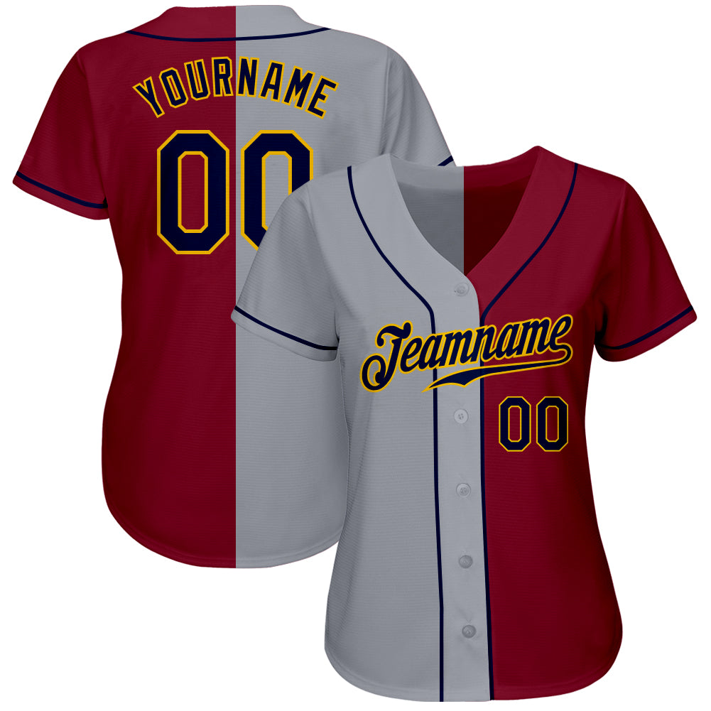 Custom Crimson Navy-Gray Authentic Split Fashion Baseball Jersey view 2