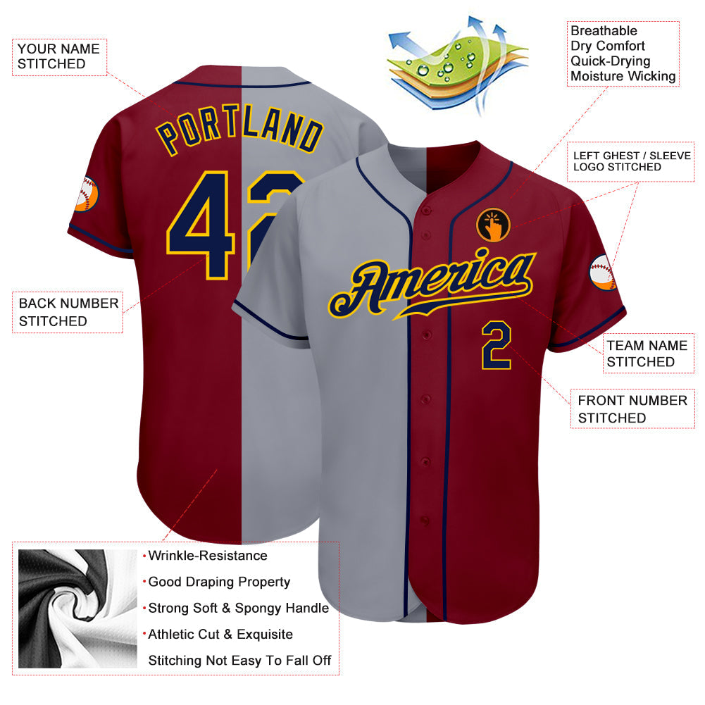 Custom Crimson Navy-Gray Authentic Split Fashion Baseball Jersey view 3