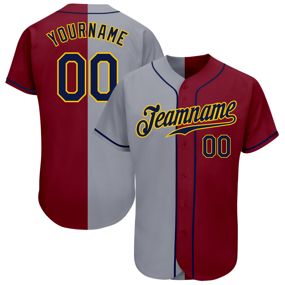 Custom Crimson Navy-Gray Authentic Split Fashion Baseball Jersey - Main View