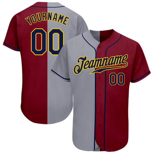Custom Crimson Navy-Gray Authentic Split Fashion Baseball Jersey - Main View