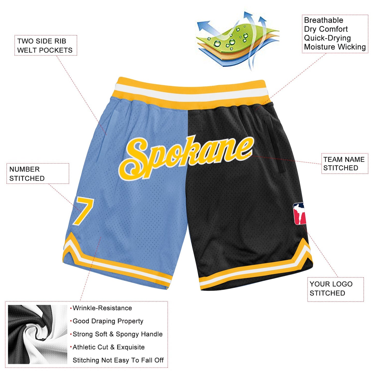 Custom Light Blue Gold-Black Authentic Throwback Split Fashion Basketball Shorts view 2
