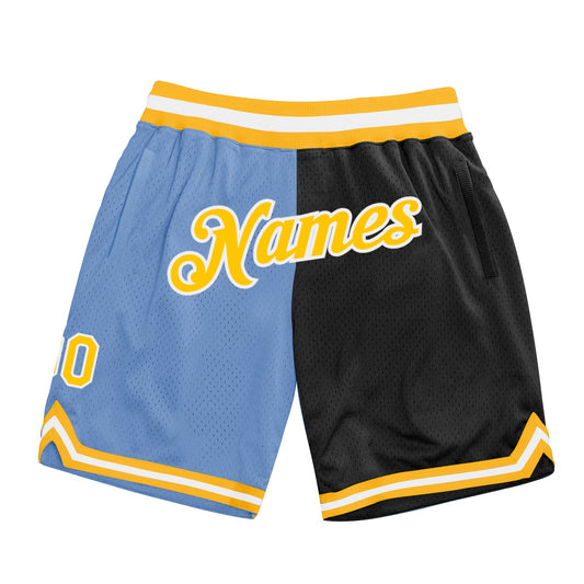 Custom Light Blue Gold-Black Authentic Throwback Split Fashion Basketball Shorts - Main View