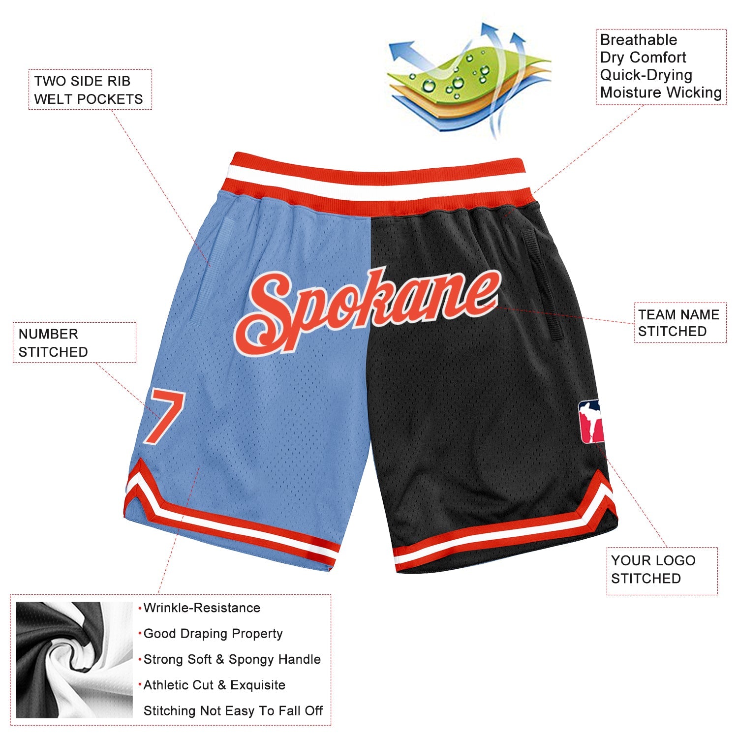 Custom Light Blue Orange-Black Authentic Throwback Split Fashion Basketball Shorts view 2