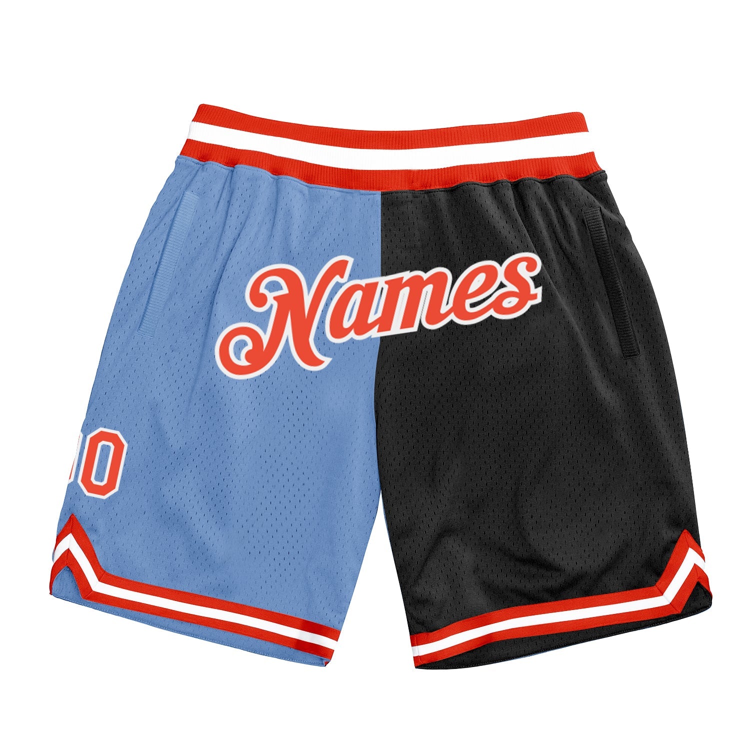 Custom Light Blue Orange-Black Authentic Throwback Split Fashion Basketball Shorts - Main View