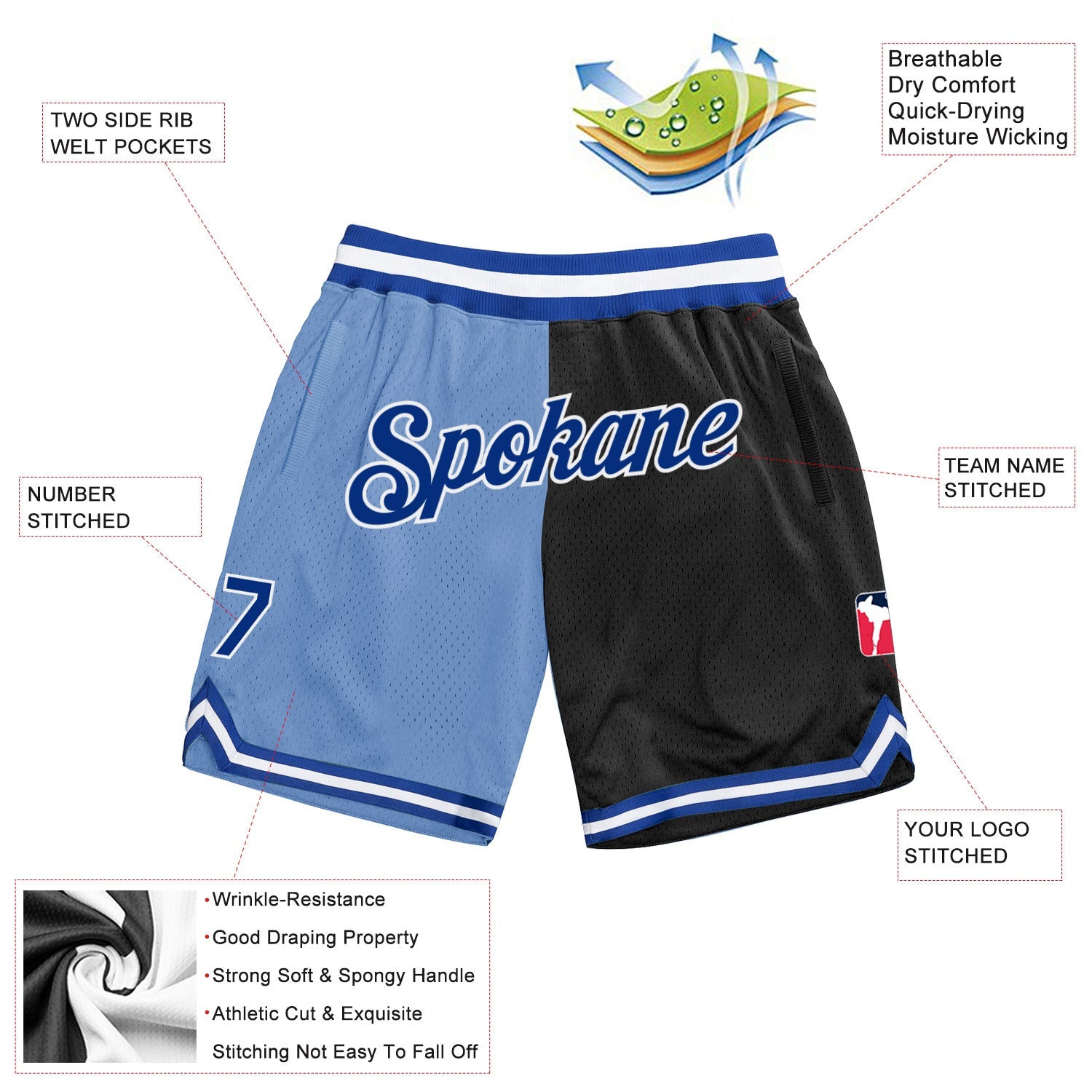 Custom Light Blue Royal-Black Authentic Throwback Split Fashion Basketball Shorts view 2