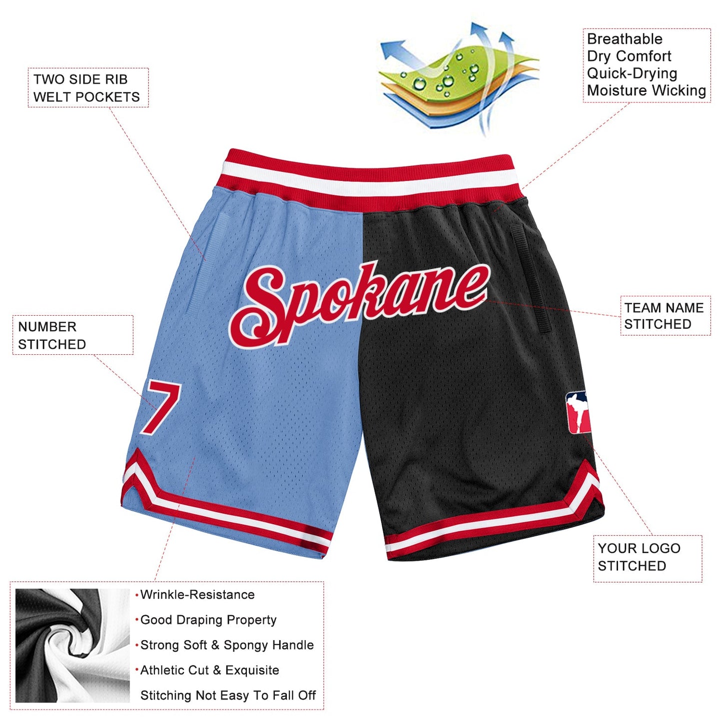 Custom Light Blue Red-Black Authentic Throwback Split Fashion Basketball Shorts view 2