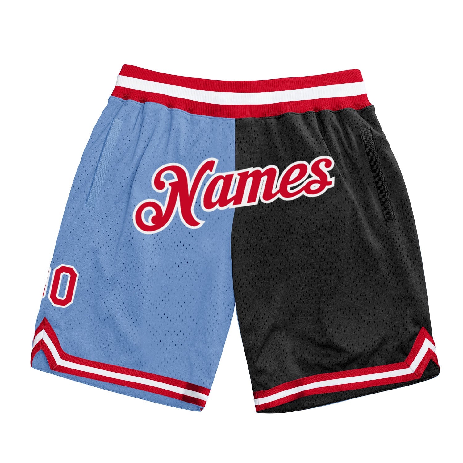 Custom Light Blue Red-Black Authentic Throwback Split Fashion Basketball Shorts - Main View