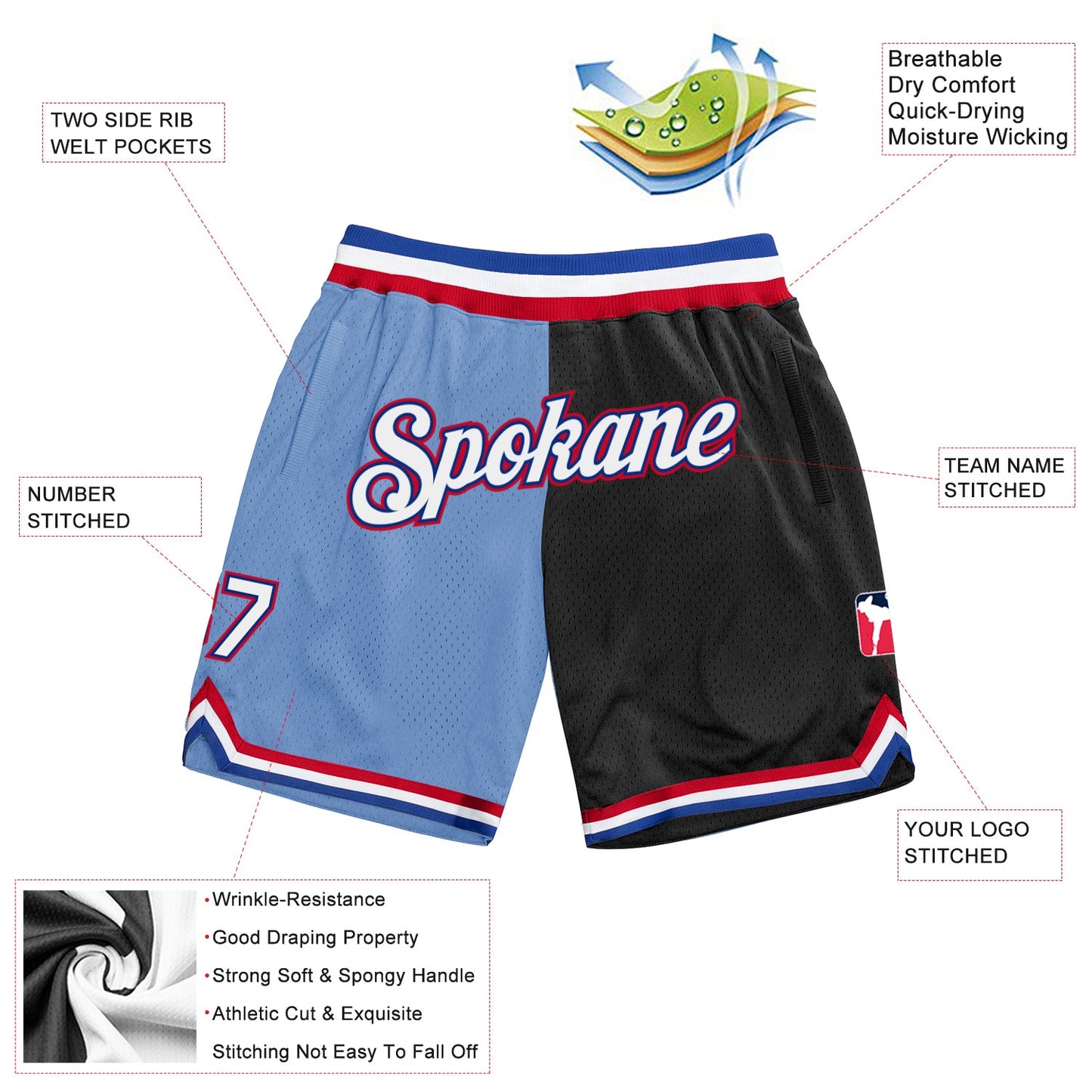 Custom Light Blue White-Black Authentic Throwback Split Fashion Basketball Shorts view 2