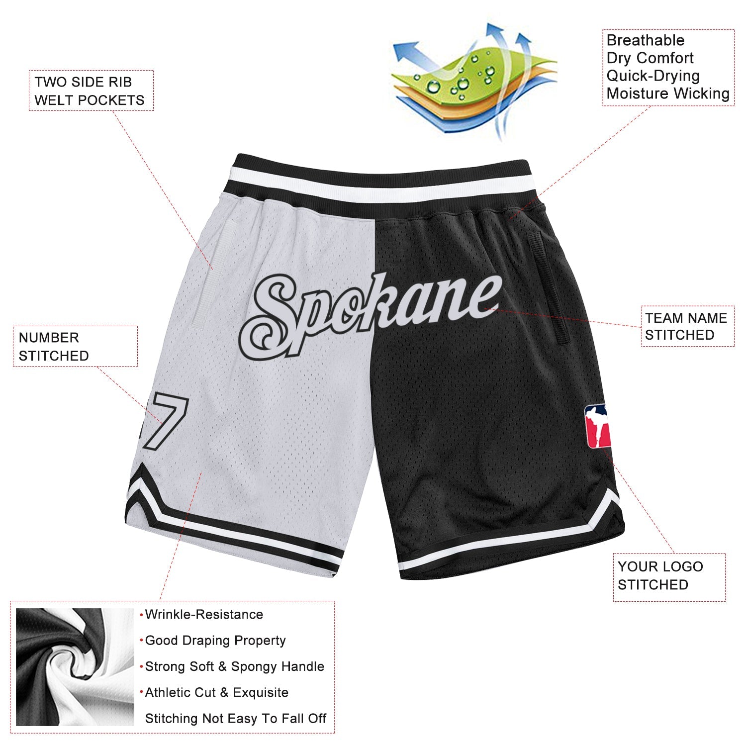 Custom Black White Authentic Throwback Split Fashion Basketball Shorts view 2