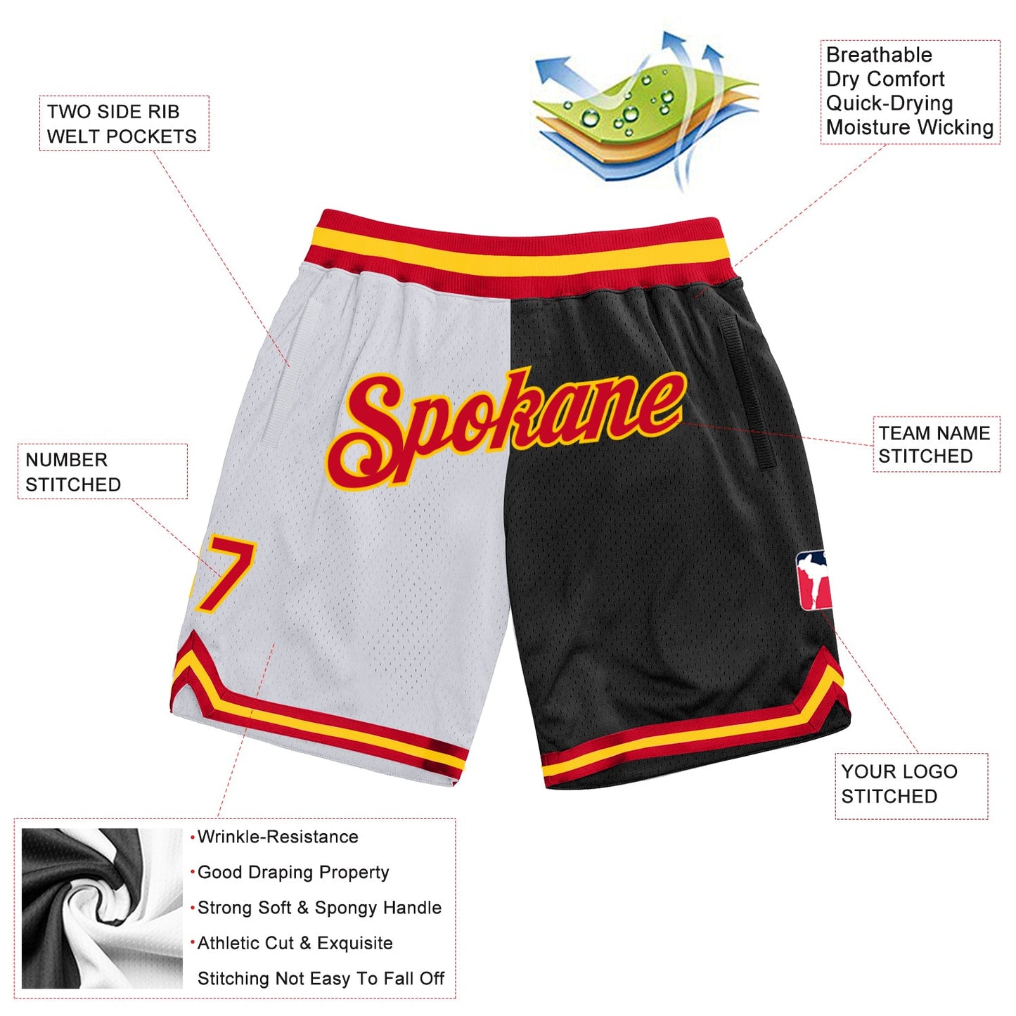 Custom White Red-Black Authentic Throwback Split Fashion Basketball Shorts view 2