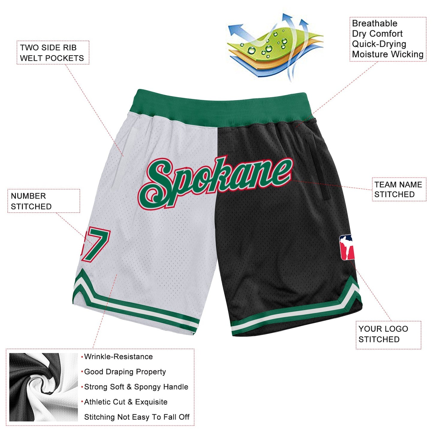 Custom White Kelly Green-Black Authentic Throwback Split Fashion Basketball Shorts view 2