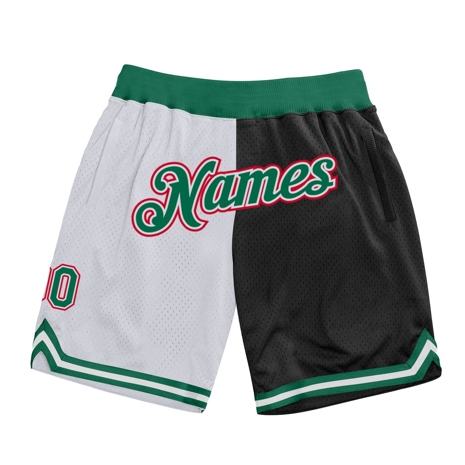 Custom White Kelly Green-Black Authentic Throwback Split Fashion Basketball Shorts - Main View