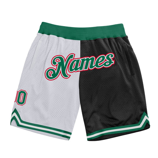Custom White Kelly Green-Black Authentic Throwback Split Fashion Basketball Shorts - Main View