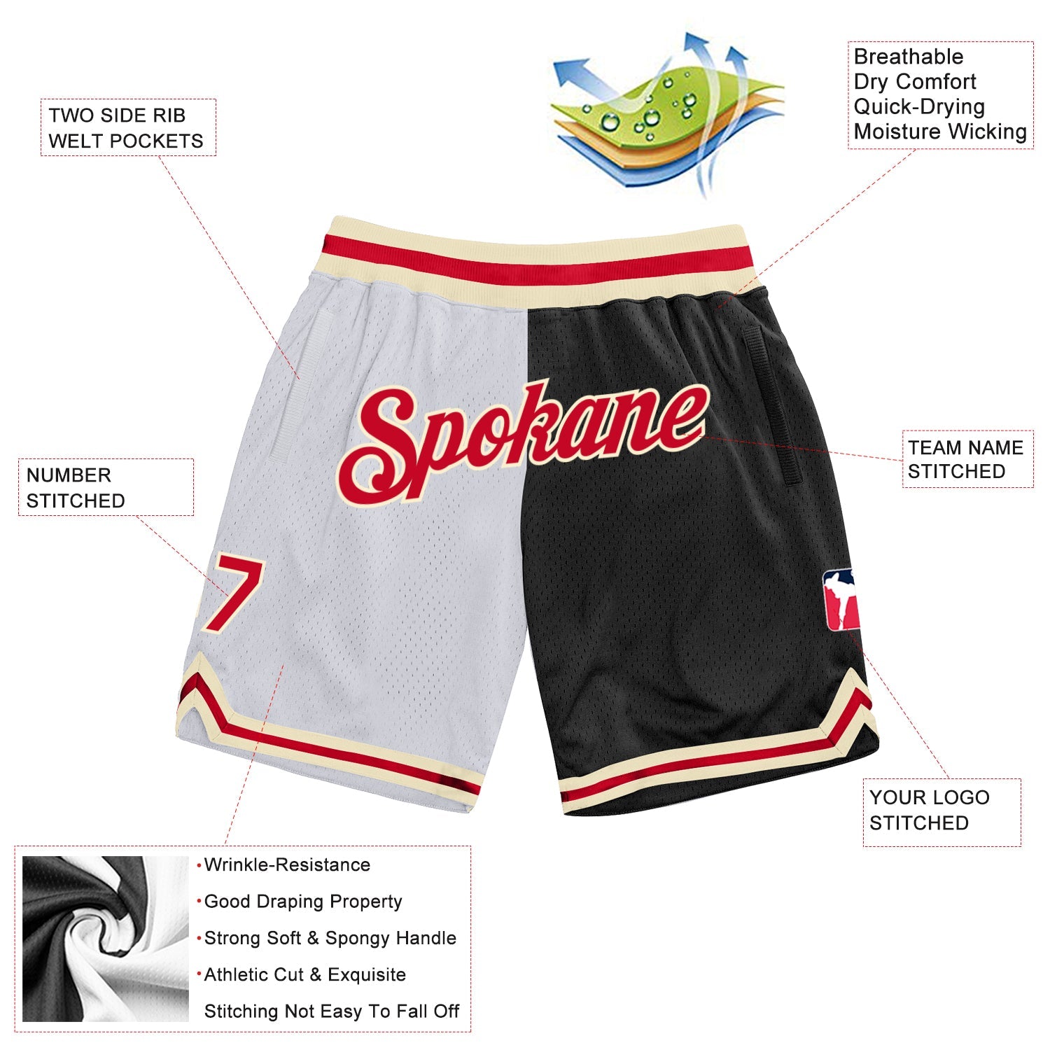 Custom White Red-Black Authentic Throwback Split Fashion Basketball Shorts view 2