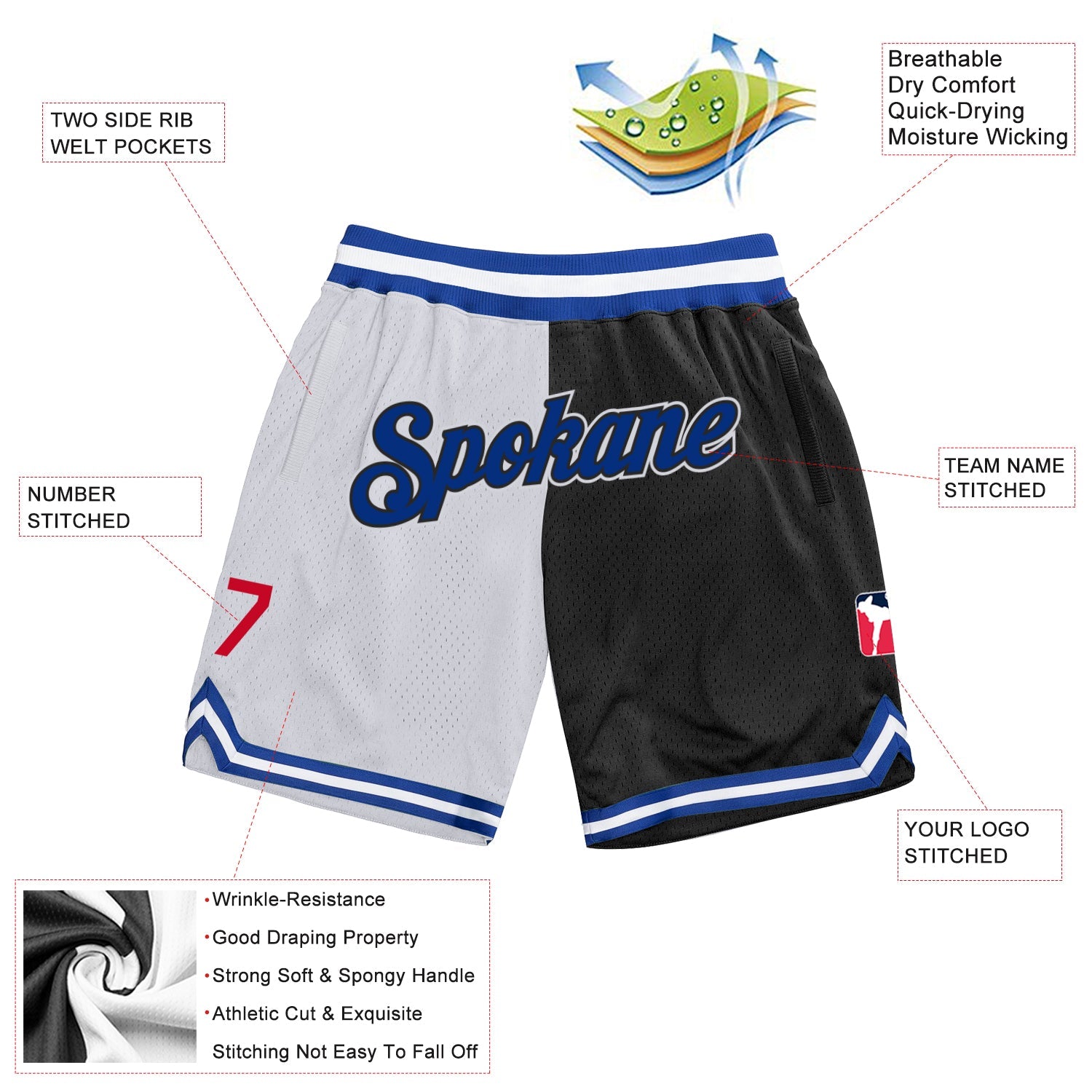 Custom White Royal-Black Authentic Throwback Split Fashion Basketball Shorts view 2