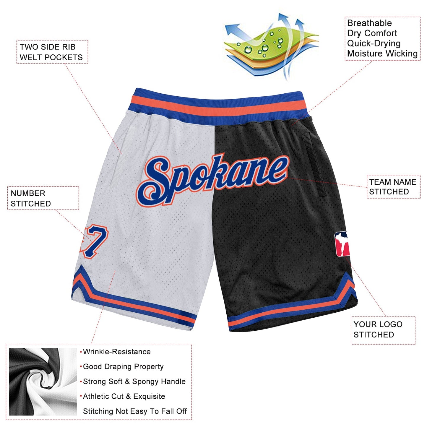 Custom White Royal-Black Authentic Throwback Split Fashion Basketball Shorts view 2