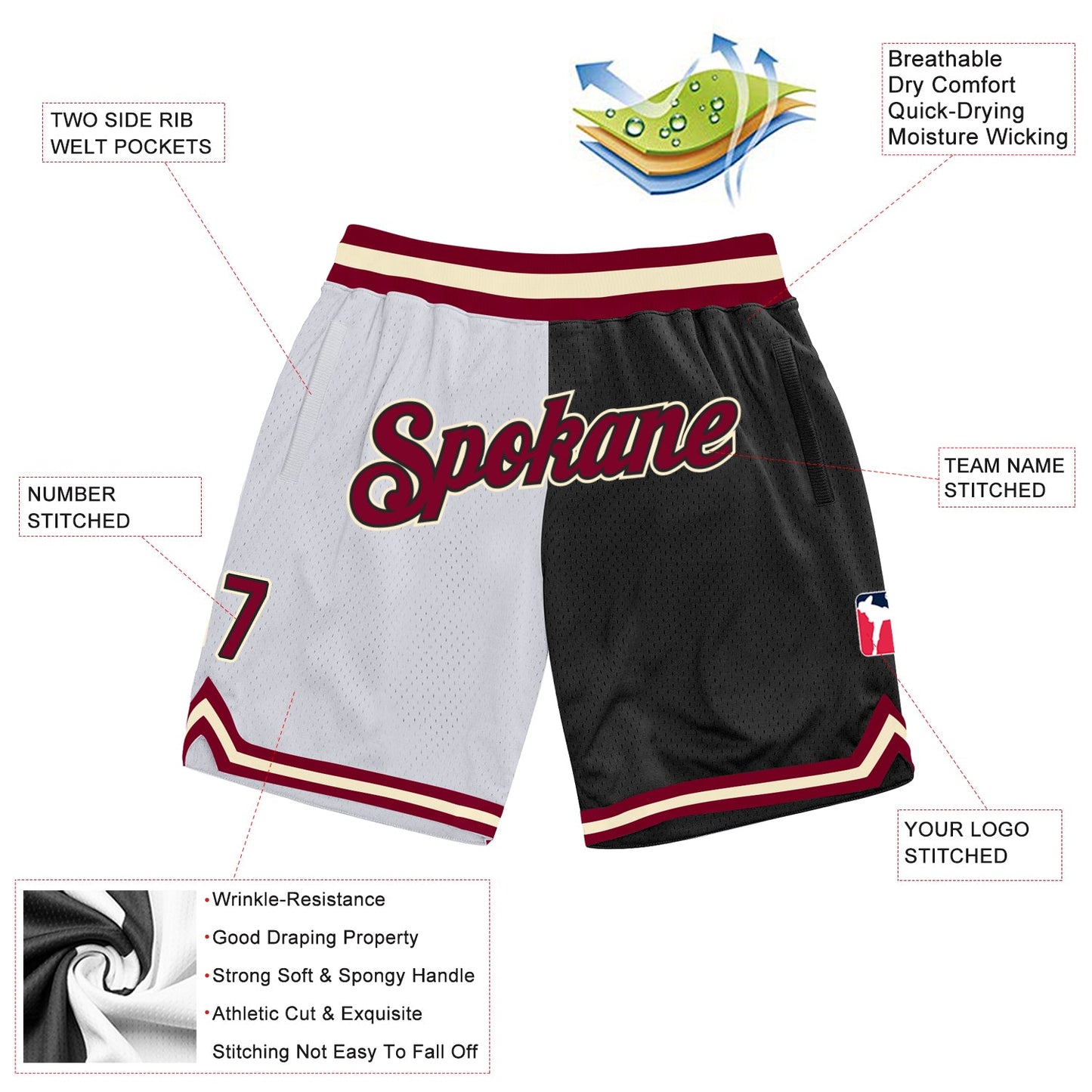 Custom White Maroon-Black Authentic Throwback Split Fashion Basketball Shorts view 2