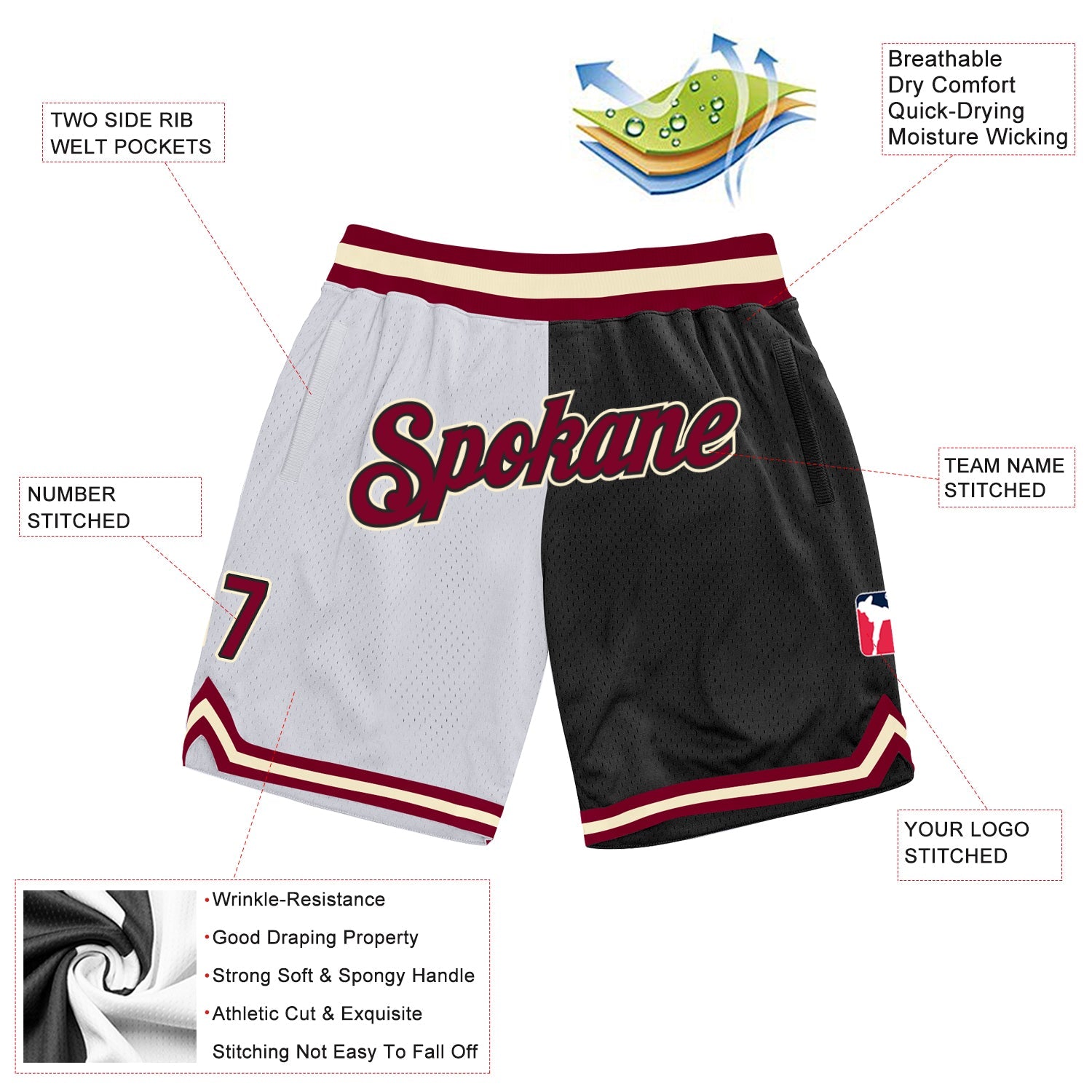 Custom White Maroon-Black Authentic Throwback Split Fashion Basketball Shorts view 2