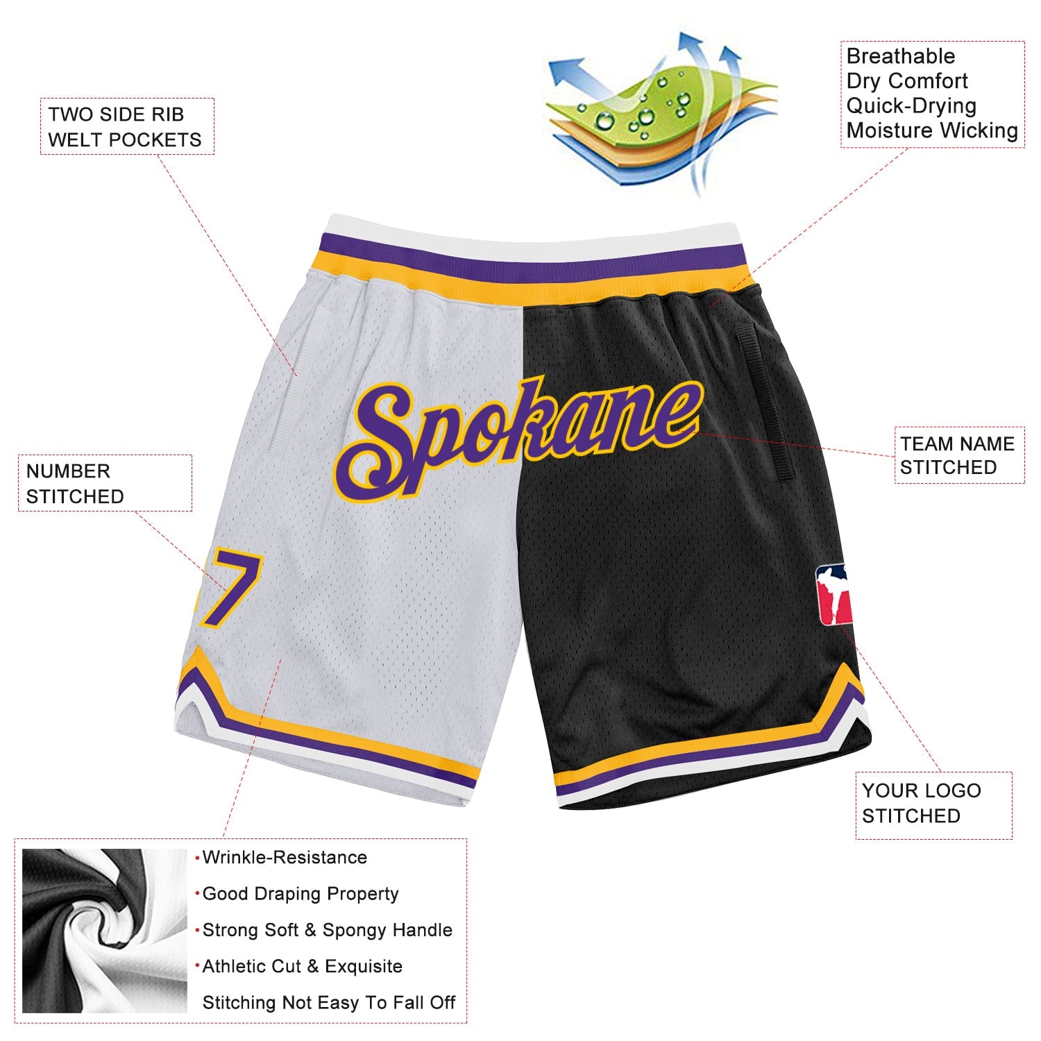 Custom White Purple-Black Authentic Throwback Split Fashion Basketball Shorts view 2