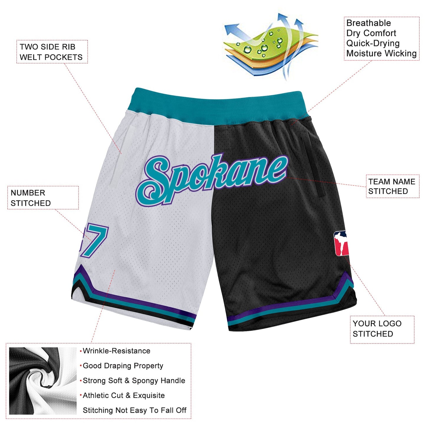 Custom White Teal-Black Authentic Throwback Split Fashion Basketball Shorts view 2