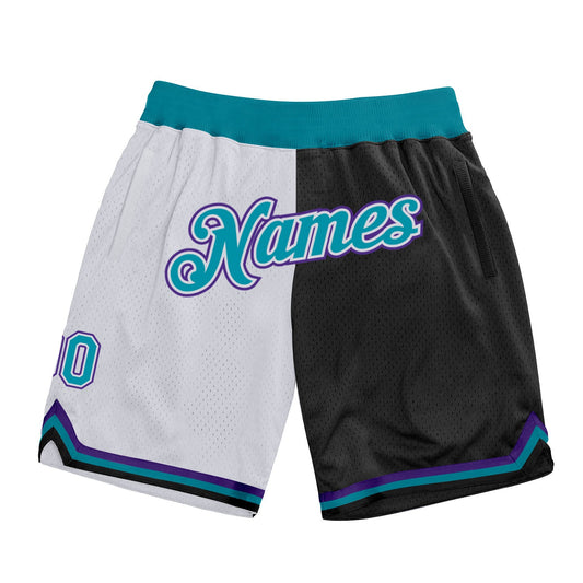 Custom White Teal-Black Authentic Throwback Split Fashion Basketball Shorts - Main View