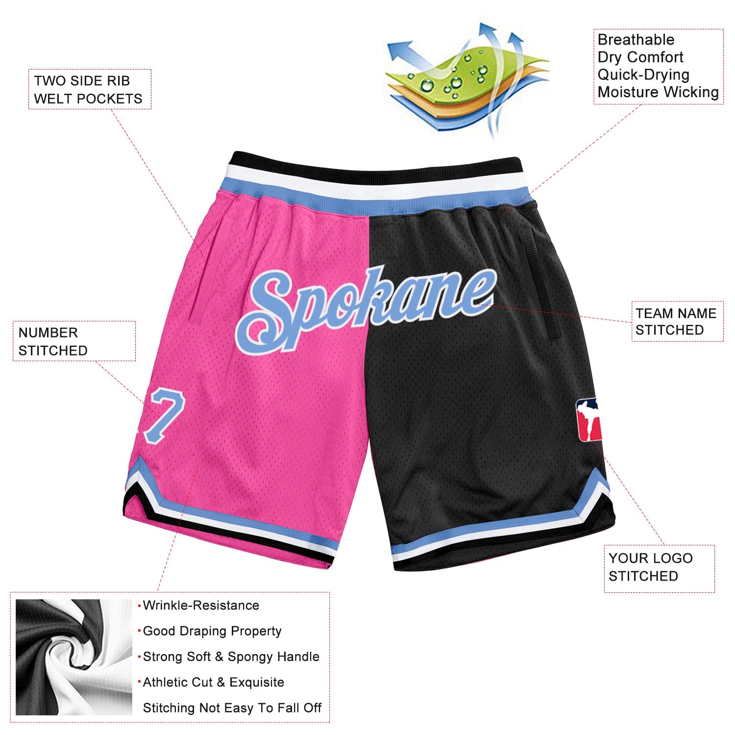 Custom Pink Light Blue-Black Authentic Throwback Split Fashion Basketball Shorts view 2