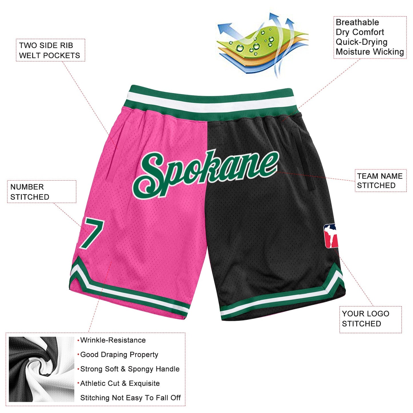Custom Pink Kelly Green-Black Authentic Throwback Split Fashion Basketball Shorts view 2