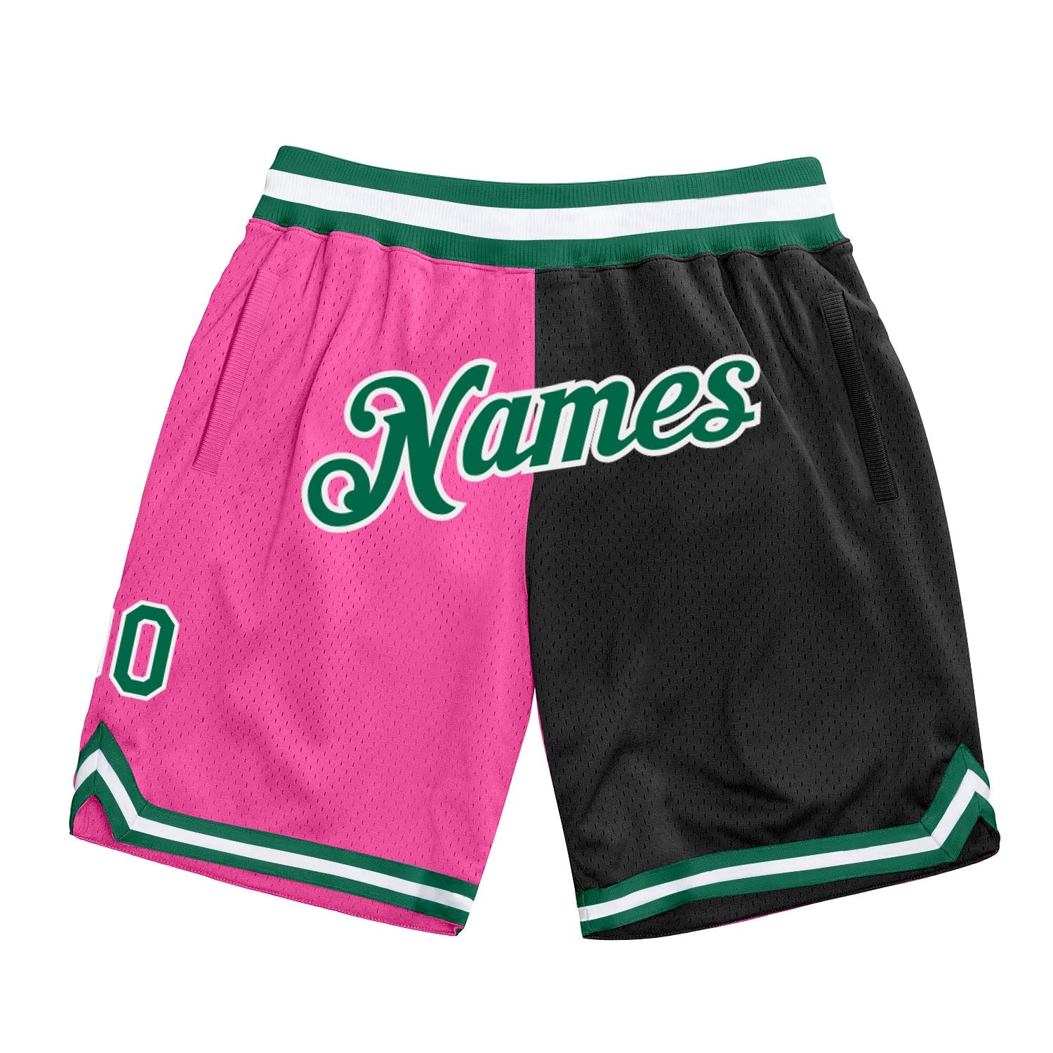 Custom Pink Kelly Green-Black Authentic Throwback Split Fashion Basketball Shorts - Main View