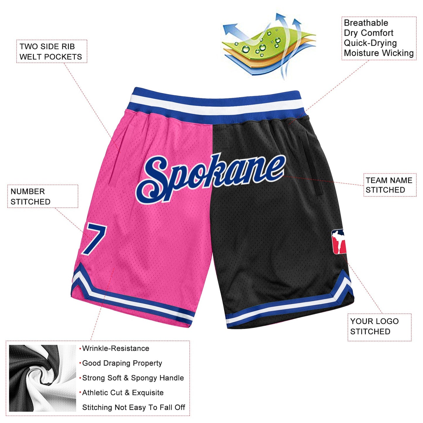 Custom Pink Royal-Black Authentic Throwback Split Fashion Basketball Shorts view 2