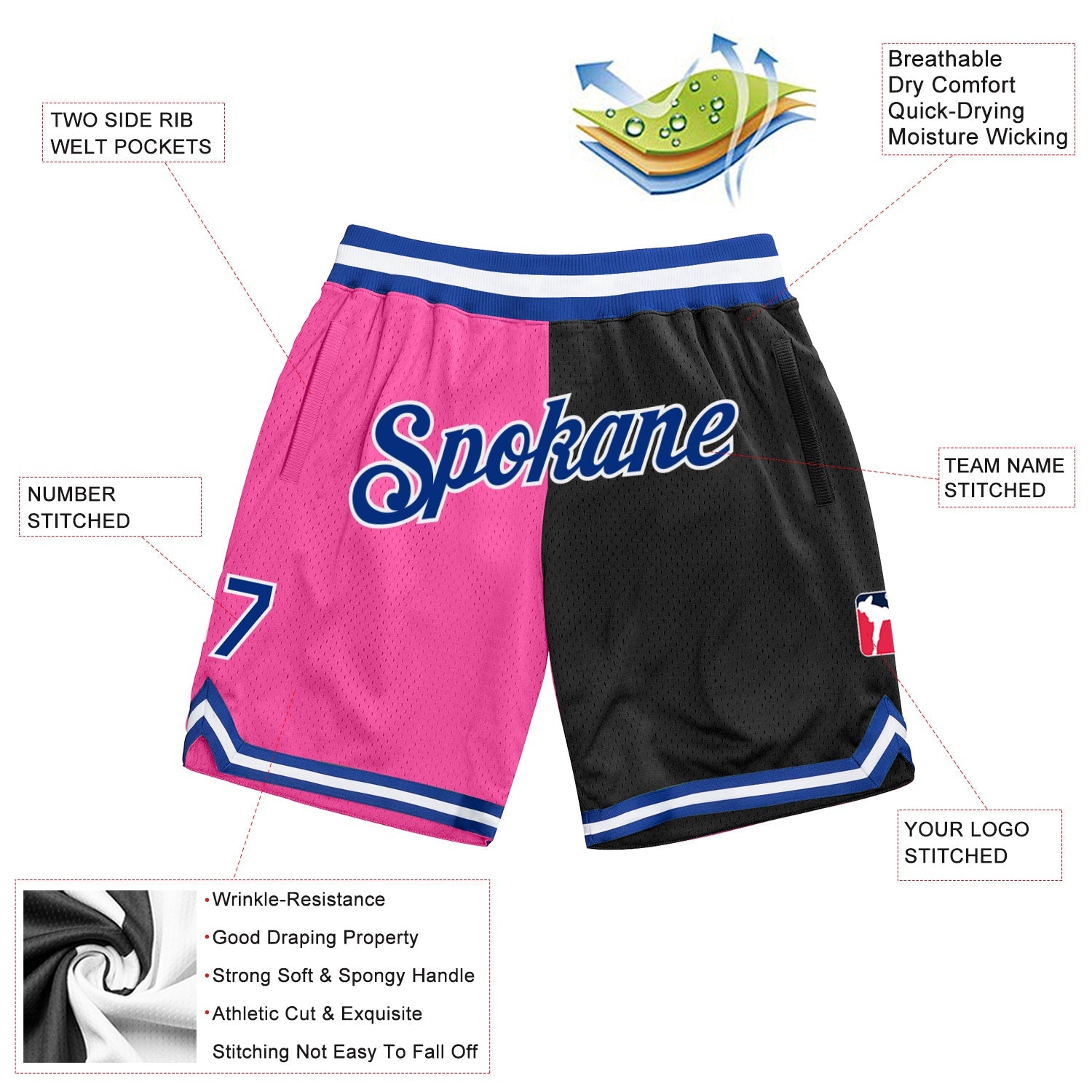 Custom Pink Royal-Black Authentic Throwback Split Fashion Basketball Shorts view 2