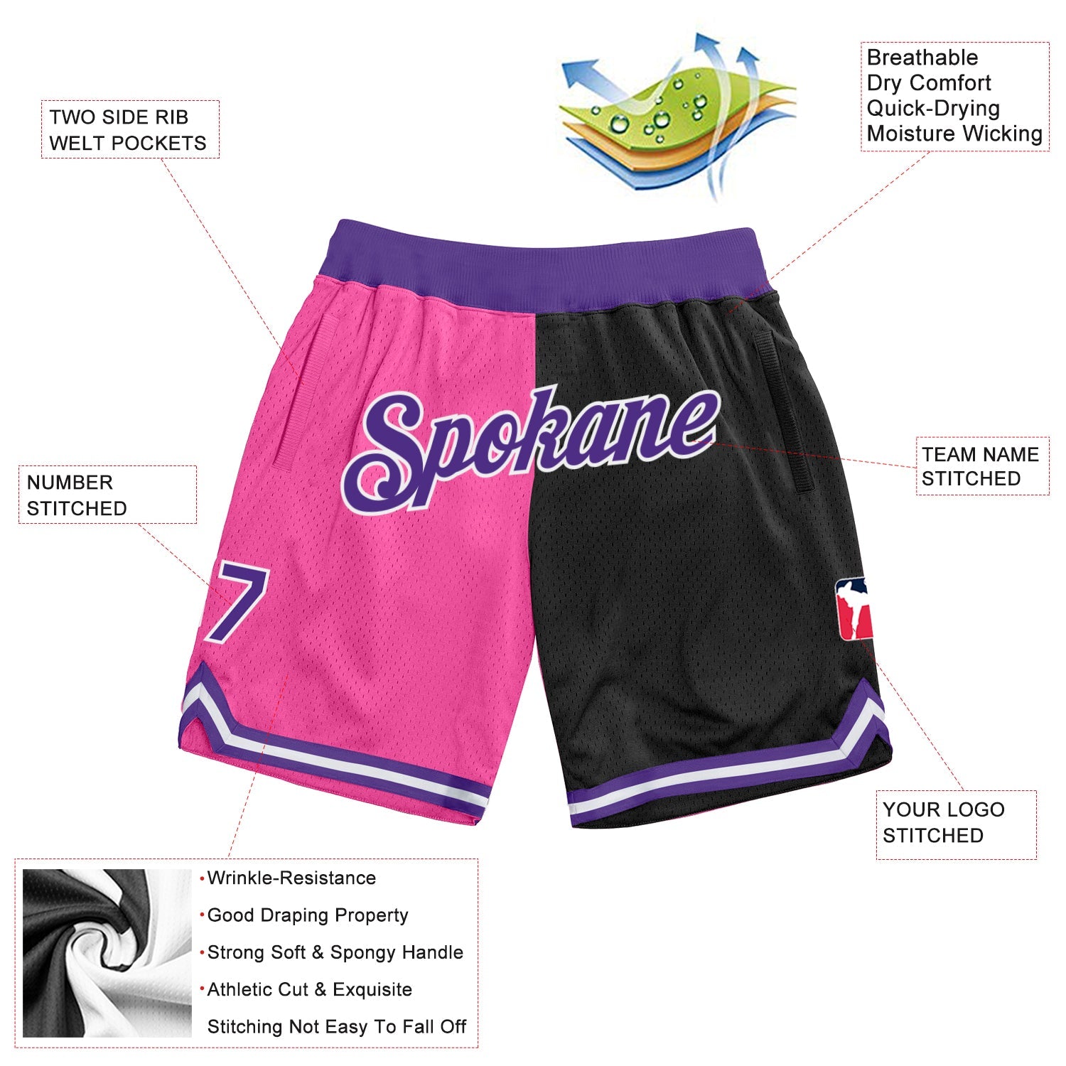 Custom Pink Purple-Black Authentic Throwback Split Fashion Basketball Shorts view 2