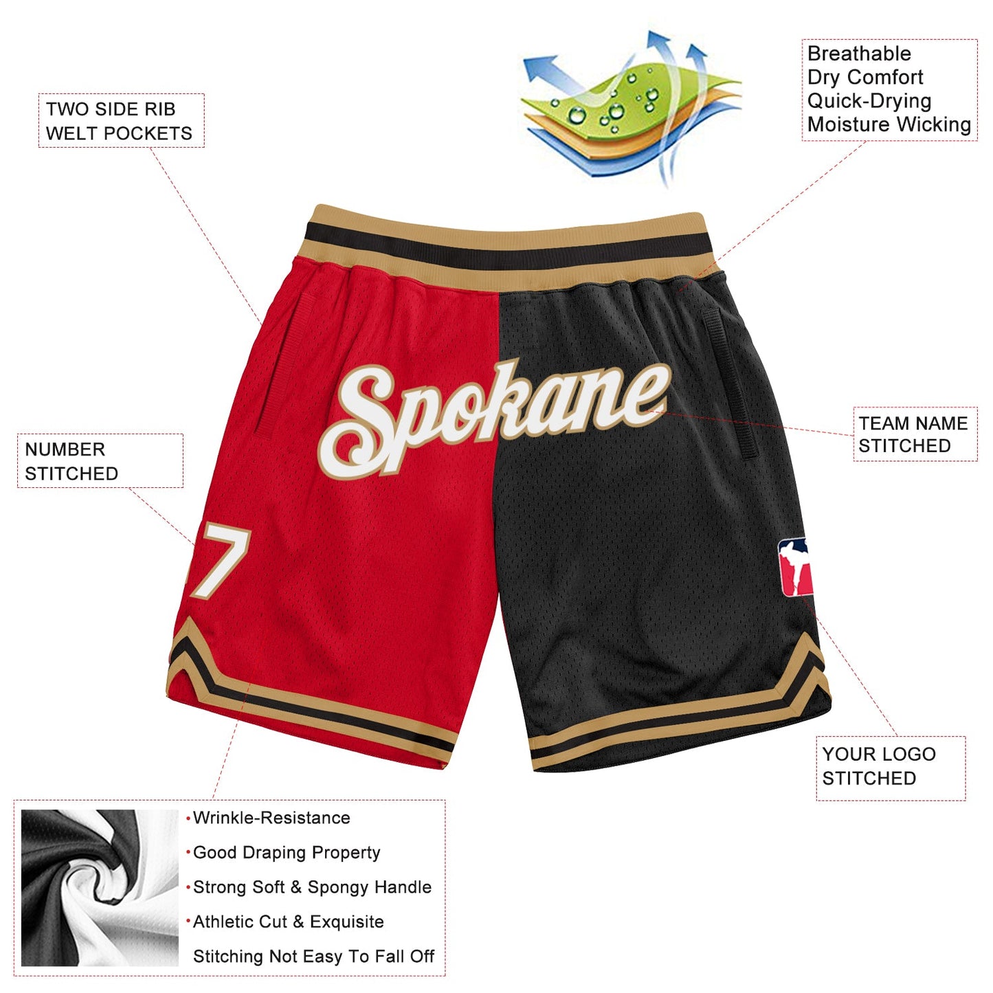 Custom Red White-Black Authentic Throwback Split Fashion Basketball Shorts view 2