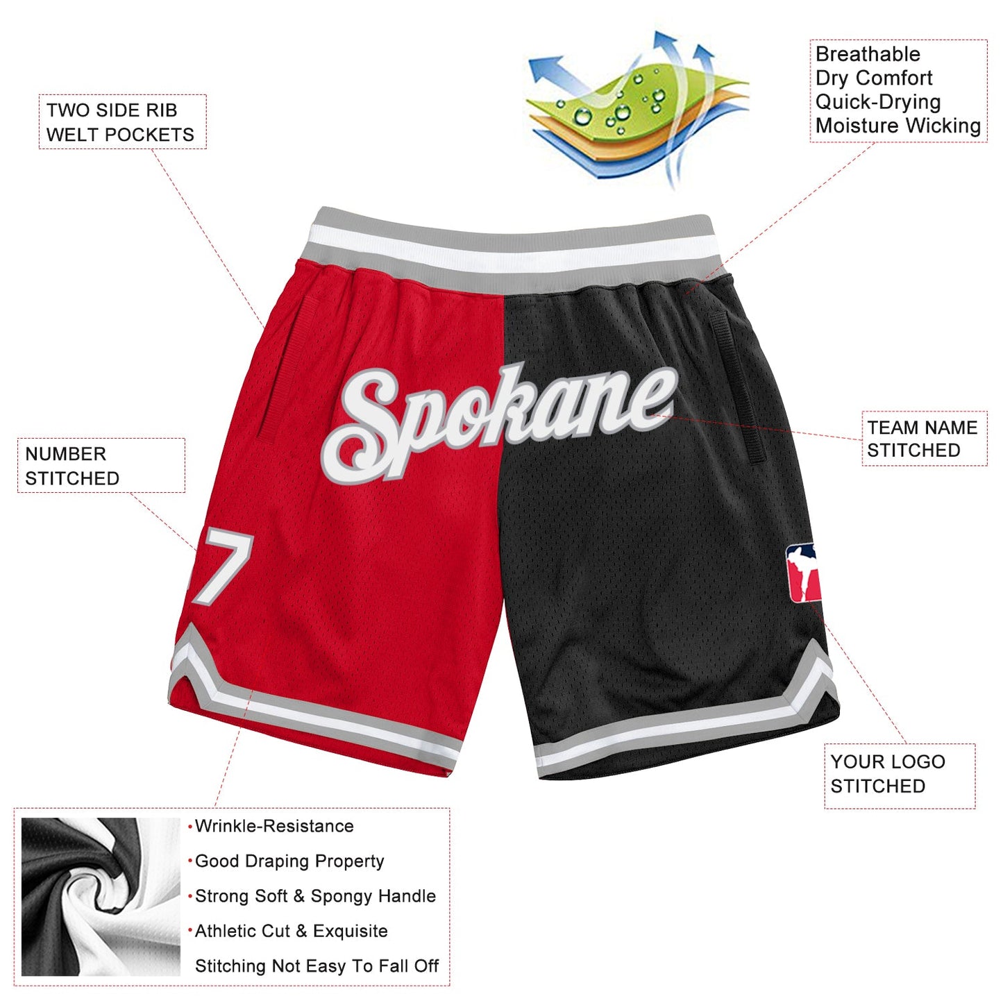 Custom Red White-Black Authentic Throwback Split Fashion Basketball Shorts view 2