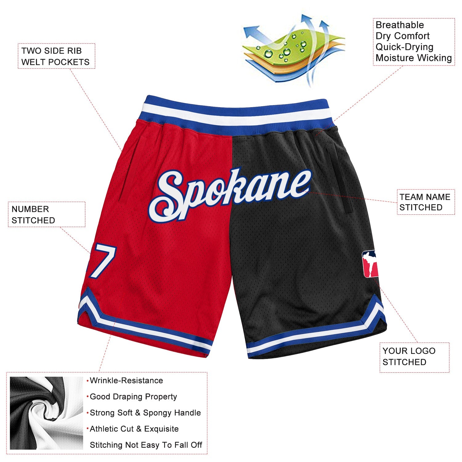 Custom Red White-Black Authentic Throwback Split Fashion Basketball Shorts view 2